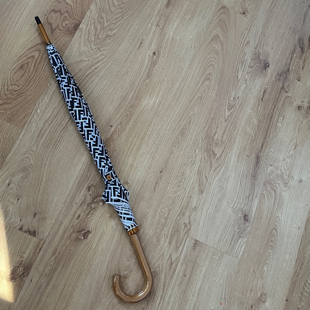 Fendi Zucca Vintage White and Black Nylon and Wood Copper Hardware Umbrella - Picture 9 of 10